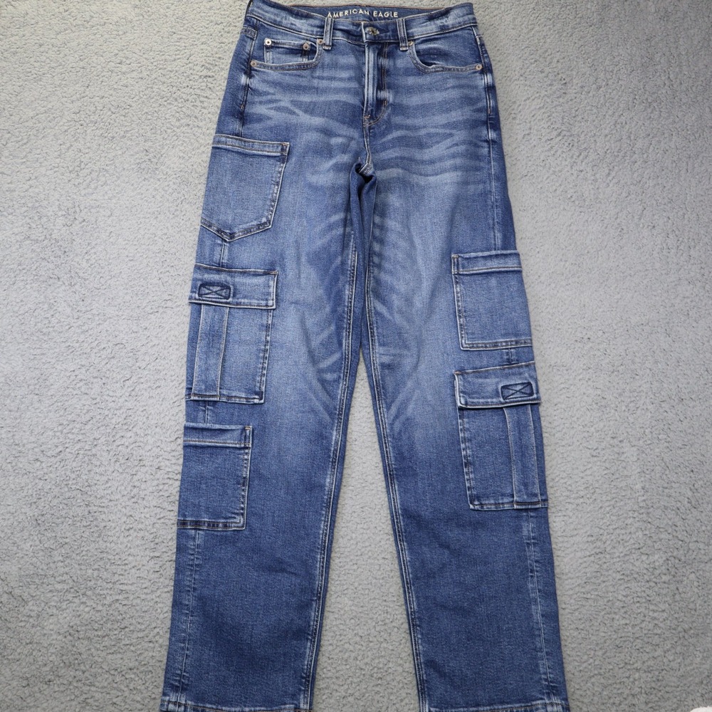 American Eagle Super High-Rise Baggy Straight Cargo Jeans Blue Womens 4 Regular